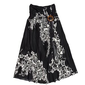 Bohemian Black White Floral Maxi Skirt Boho Beach Vacation Resortwear